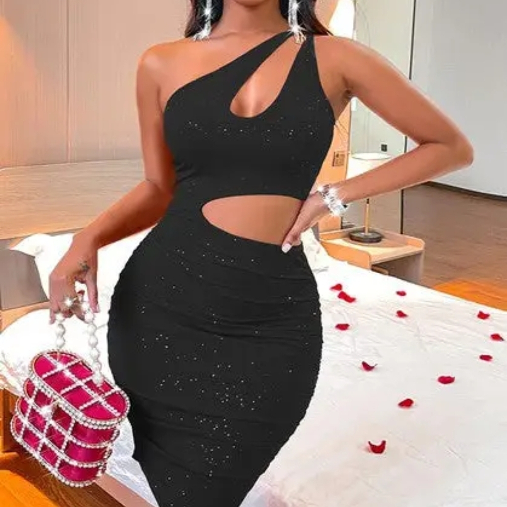NEW Chic Black One-Shoulder Cutout Dress - Picture 1 of 2